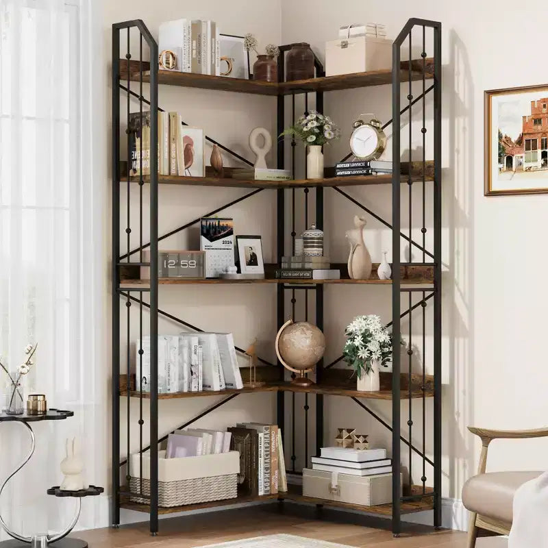 Garvee Corner Bookshelf Industrial Corner Bookcase, l Shaped Bookshelf 5 Tier/7 Tier Corner Shelf with Beaded Design and Adjustable Feet