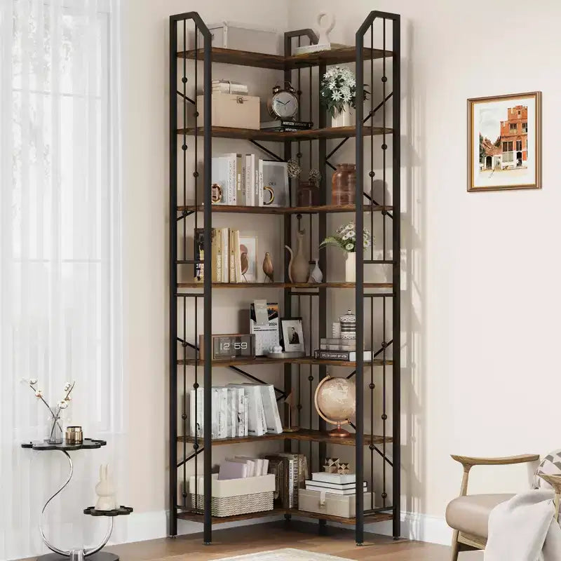 Garvee Corner Bookshelf Industrial Corner Bookcase, l Shaped Bookshelf 5 Tier/7 Tier Corner Shelf with Beaded Design and Adjustable Feet