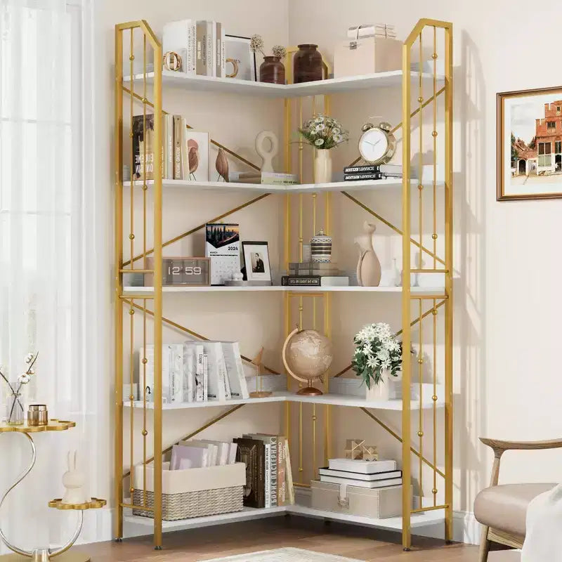 Garvee Corner Bookshelf Industrial Corner Bookcase, l Shaped Bookshelf 5 Tier/7 Tier Corner Shelf with Beaded Design and Adjustable Feet