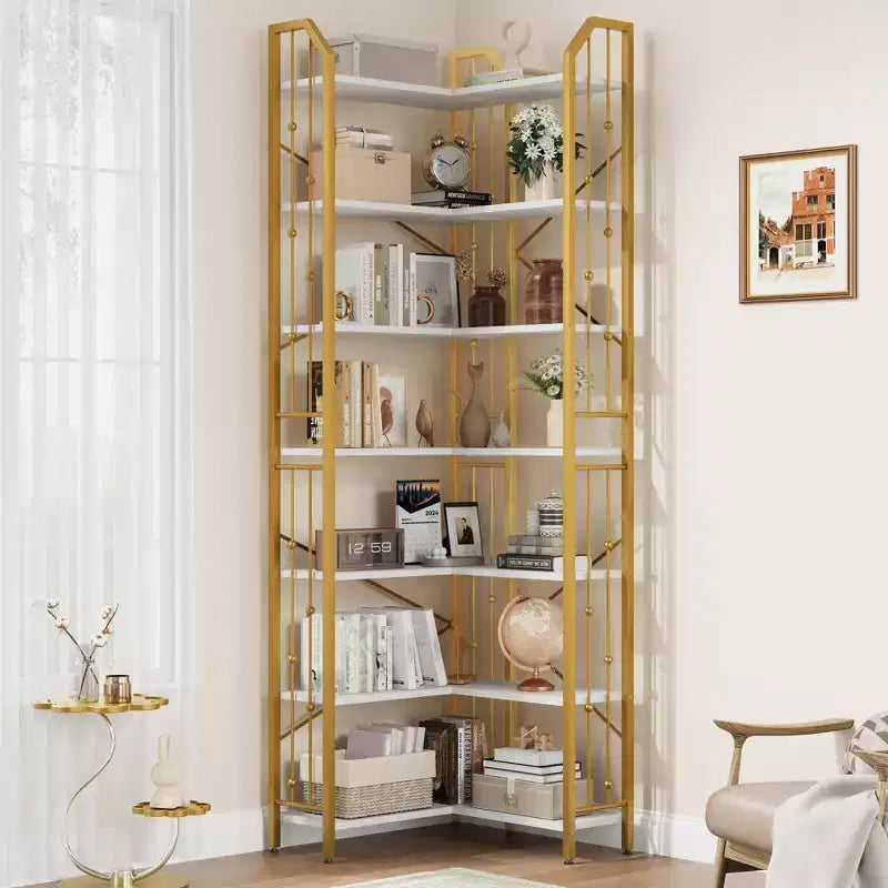 Garvee Corner Bookshelf Industrial Corner Bookcase, l Shaped Bookshelf 5 Tier/7 Tier Corner Shelf with Beaded Design and Adjustable Feet