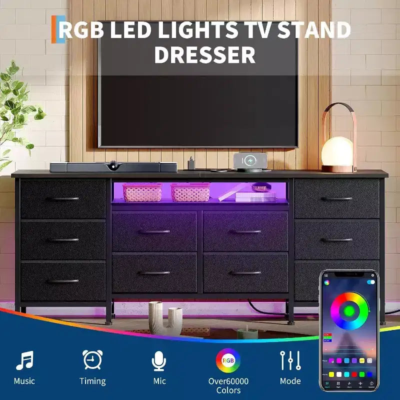 TV Stand for 65,70,75 In TV, 10 Drawer Long Dresser with Power Outlets and LED Lights, 63 Inch Entertainment Center TV Stand Dresser Storage Drawers