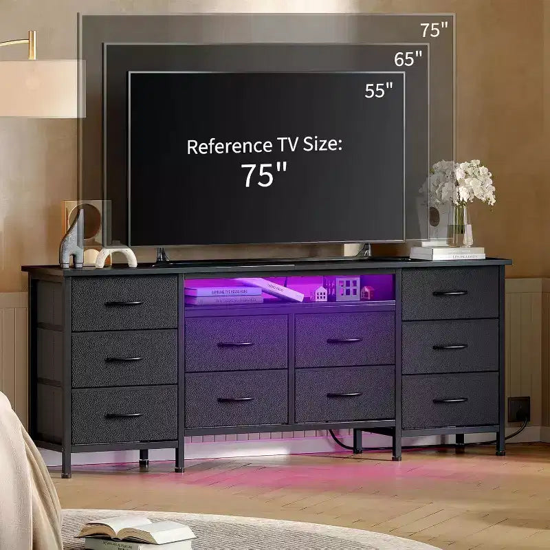 TV Stand for 65,70,75 In TV, 10 Drawer Long Dresser with Power Outlets and LED Lights, 63 Inch Entertainment Center TV Stand Dresser Storage Drawers