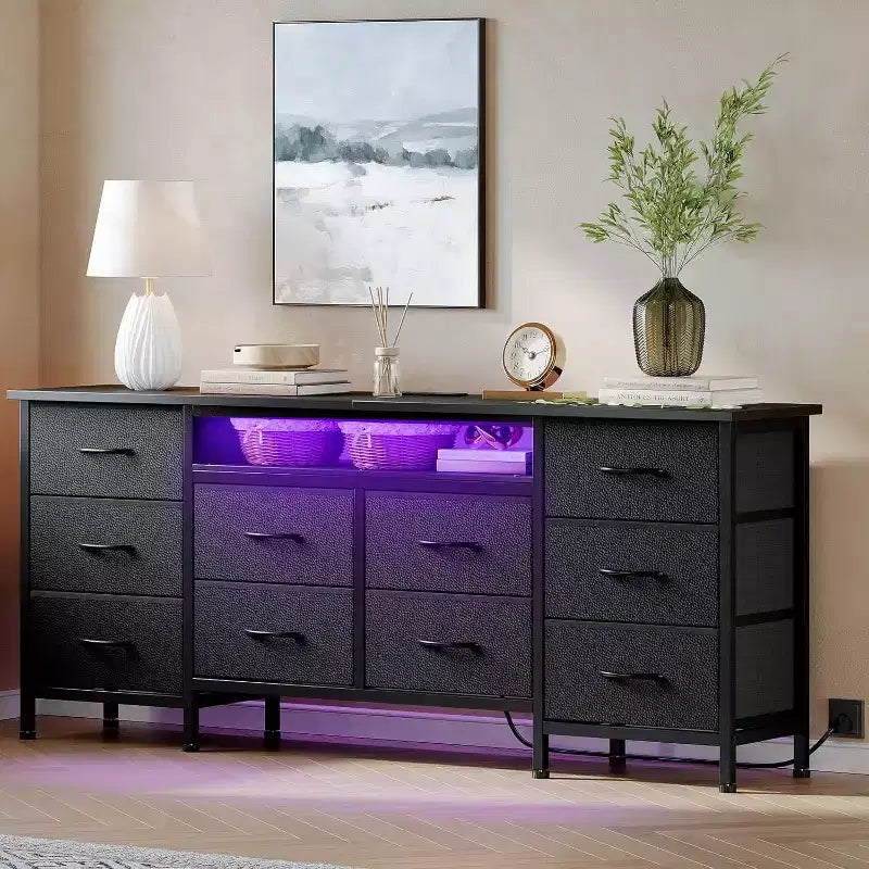 TV Stand for 65,70,75 In TV, 10 Drawer Long Dresser with Power Outlets and LED Lights, 63 Inch Entertainment Center TV Stand Dresser Storage Drawers