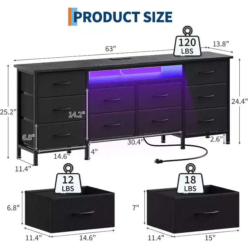 TV Stand for 65,70,75 In TV, 10 Drawer Long Dresser with Power Outlets and LED Lights, 63 Inch Entertainment Center TV Stand Dresser Storage Drawers