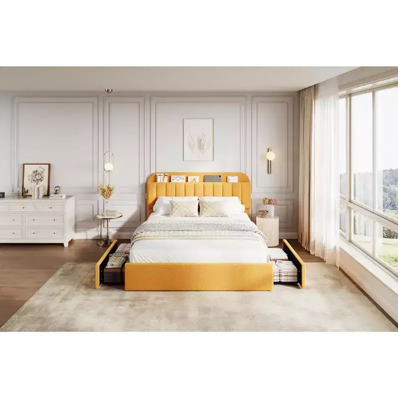 Full Size Platform Bed Frame,Kids Bed Frame with Storage Headboard, 2 Rolling Drawers, Noise Free Bedframe, No Box Spring Needed,Yellow