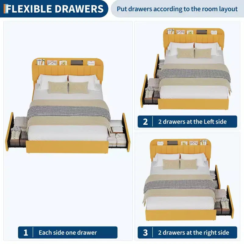 Full Size Platform Bed Frame,Kids Bed Frame with Storage Headboard, 2 Rolling Drawers, Noise Free Bedframe, No Box Spring Needed,Yellow