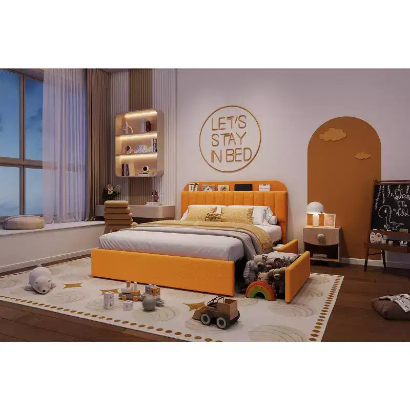 Full Size Platform Bed Frame,Kids Bed Frame with Storage Headboard, 2 Rolling Drawers, Noise Free Bedframe, No Box Spring Needed,Yellow