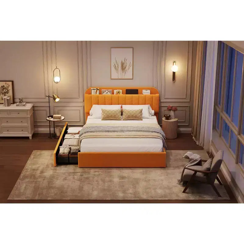 Full Size Platform Bed Frame,Kids Bed Frame with Storage Headboard, 2 Rolling Drawers, Noise Free Bedframe, No Box Spring Needed,Yellow