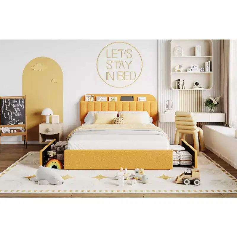 Full Size Platform Bed Frame,Kids Bed Frame with Storage Headboard, 2 Rolling Drawers, Noise Free Bedframe, No Box Spring Needed,Yellow