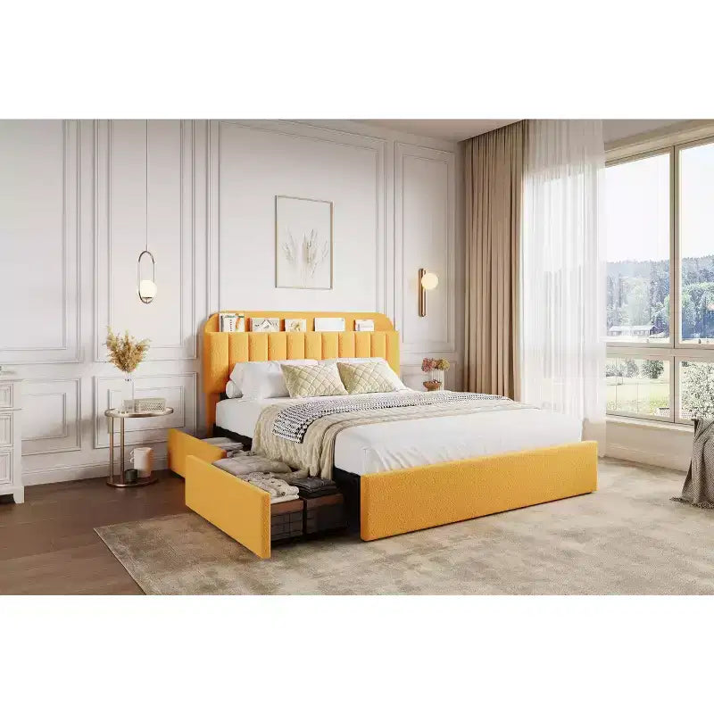 Full Size Platform Bed Frame,Kids Bed Frame with Storage Headboard, 2 Rolling Drawers, Noise Free Bedframe, No Box Spring Needed,Yellow