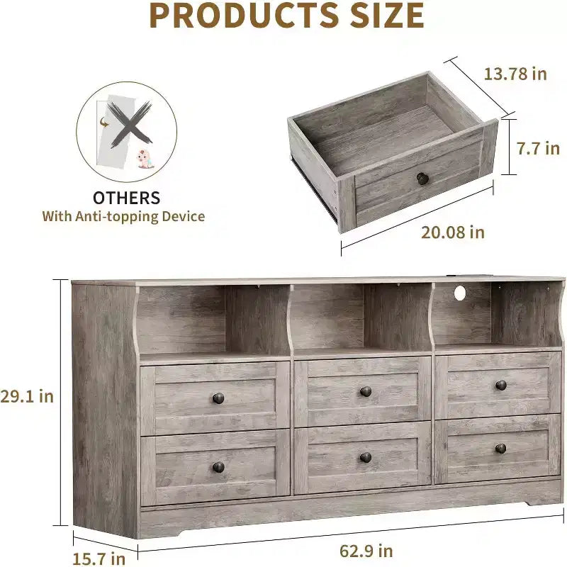 6 Drawer Dresser for Bedroom, 62.9in Slim Wooden Chest of Drawers with Open Shelf, Skinny Dresser for Nursery, Apartment, Closet Organization