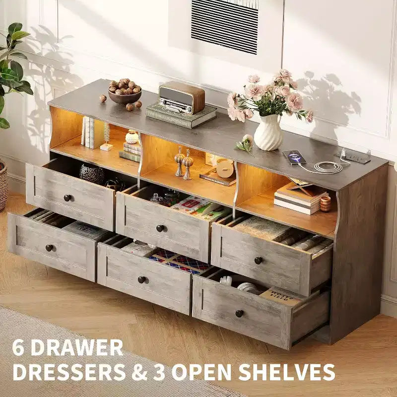6 Drawer Dresser for Bedroom, 62.9in Slim Wooden Chest of Drawers with Open Shelf, Skinny Dresser for Nursery, Apartment, Closet Organization