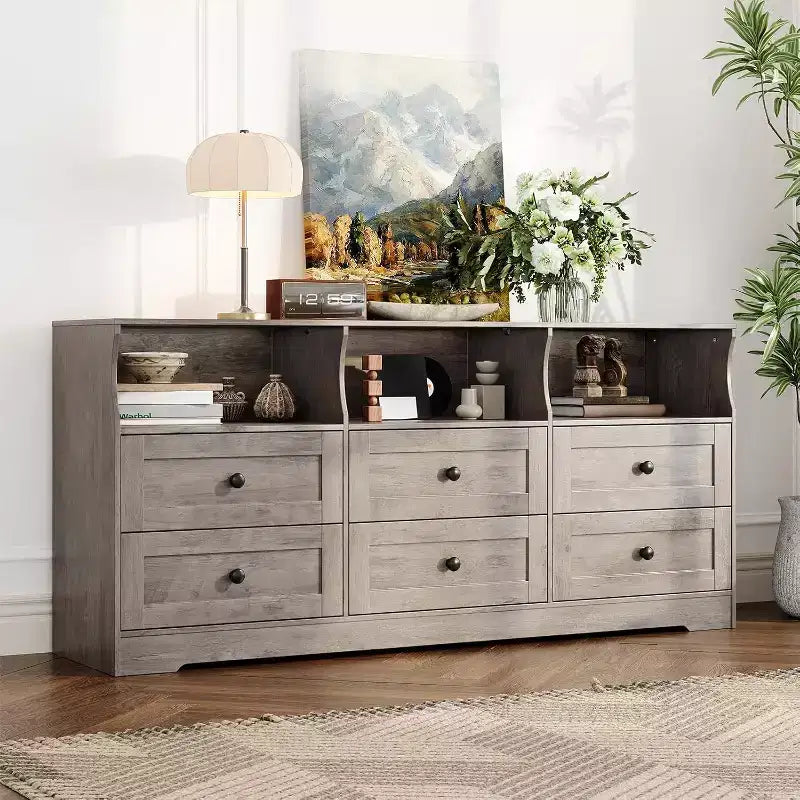 6 Drawer Dresser for Bedroom, 62.9in Slim Wooden Chest of Drawers with Open Shelf, Skinny Dresser for Nursery, Apartment, Closet Organization