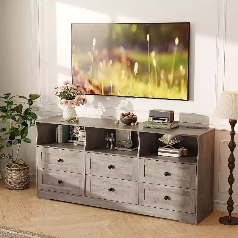 6 Drawer Dresser for Bedroom, 62.9in Slim Wooden Chest of Drawers with Open Shelf, Skinny Dresser for Nursery, Apartment, Closet Organization