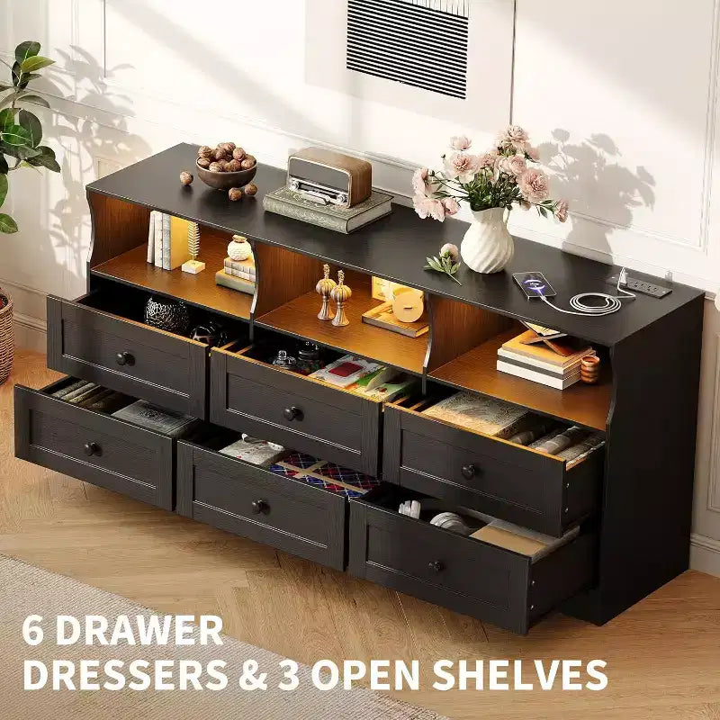 6 Drawer Dresser for Bedroom, 62.9in Slim Wooden Chest of Drawers with Open Shelf, Skinny Dresser for Nursery, Apartment, Closet Organization
