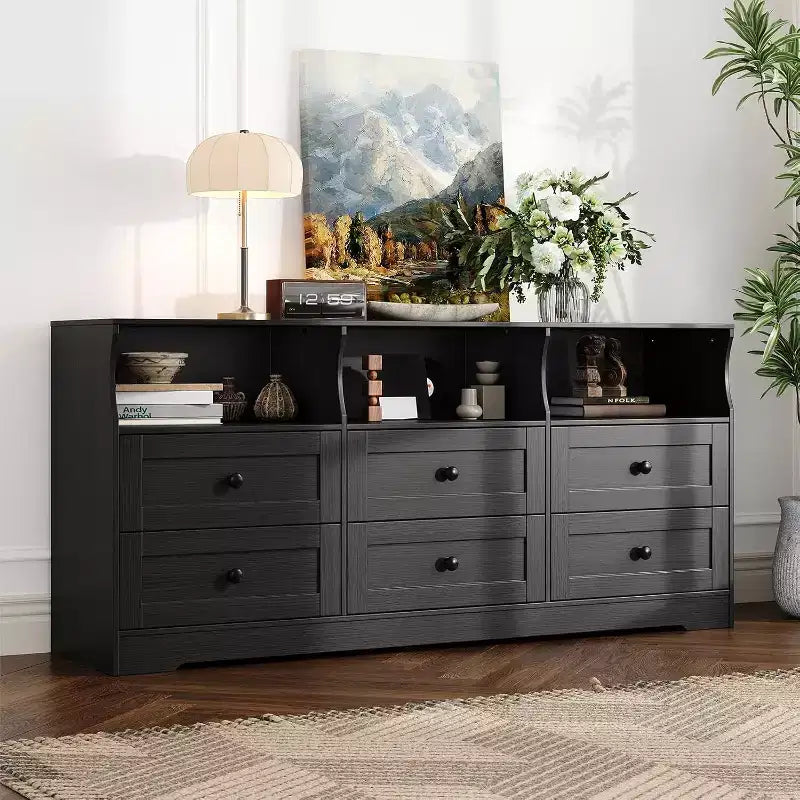 6 Drawer Dresser for Bedroom, 62.9in Slim Wooden Chest of Drawers with Open Shelf, Skinny Dresser for Nursery, Apartment, Closet Organization