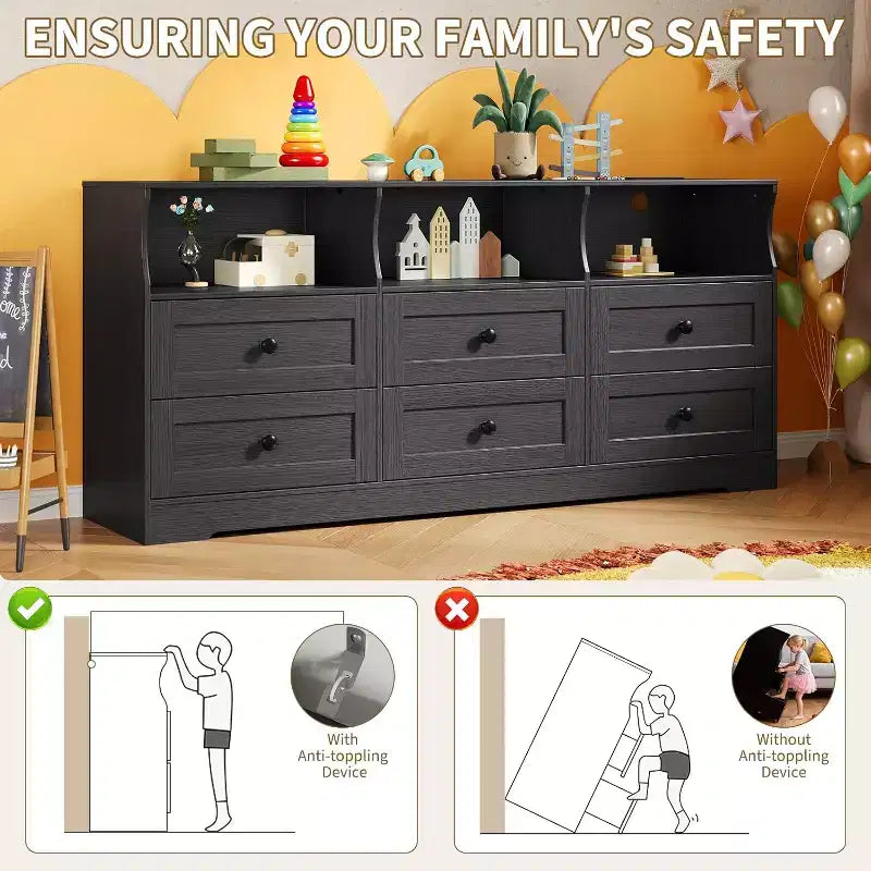 6 Drawer Dresser for Bedroom, 62.9in Slim Wooden Chest of Drawers with Open Shelf, Skinny Dresser for Nursery, Apartment, Closet Organization