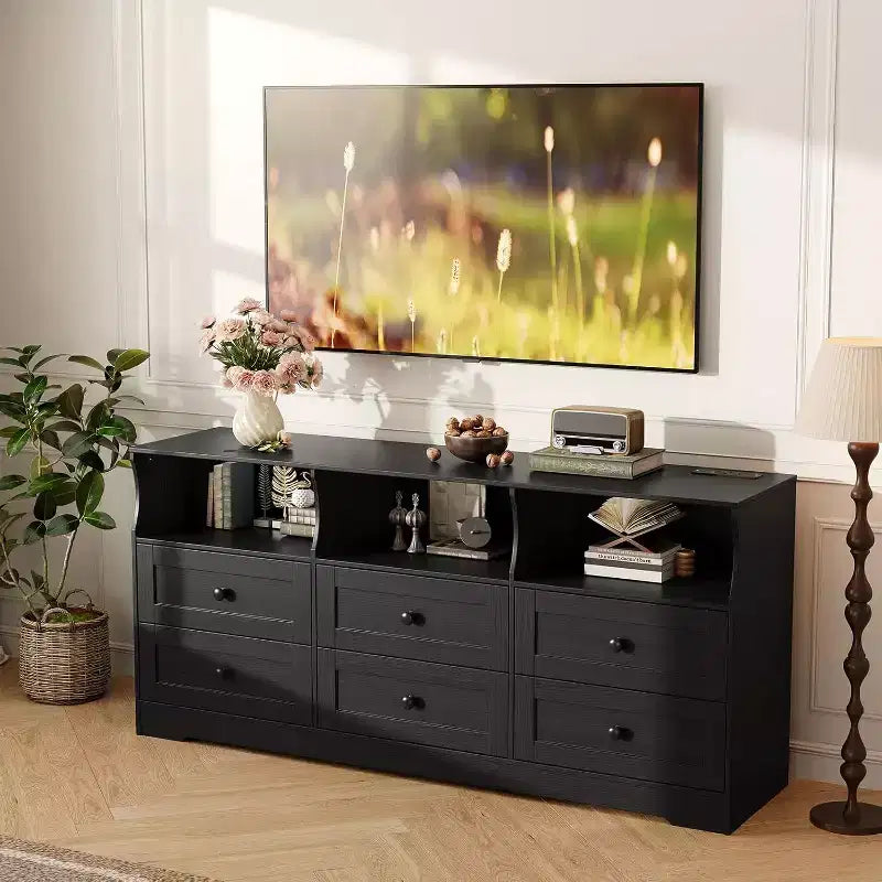 6 Drawer Dresser for Bedroom, 62.9in Slim Wooden Chest of Drawers with Open Shelf, Skinny Dresser for Nursery, Apartment, Closet Organization
