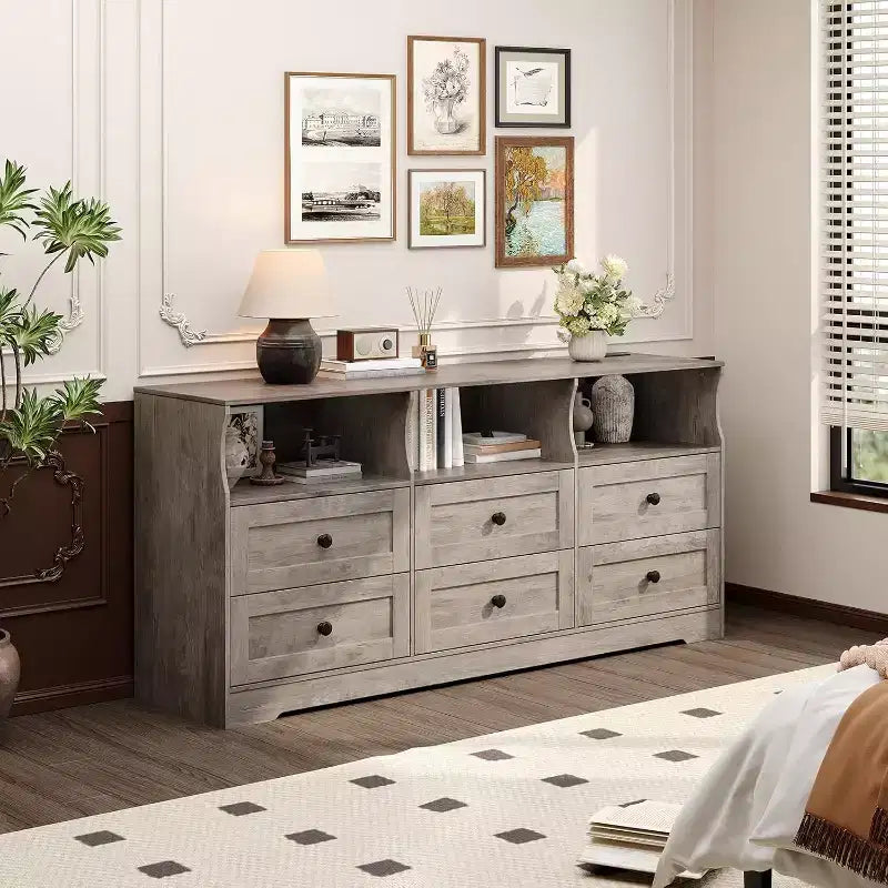 6 Drawer Dresser for Bedroom, 62.9in Slim Wooden Chest of Drawers with Open Shelf, Skinny Dresser for Nursery, Apartment, Closet Organization