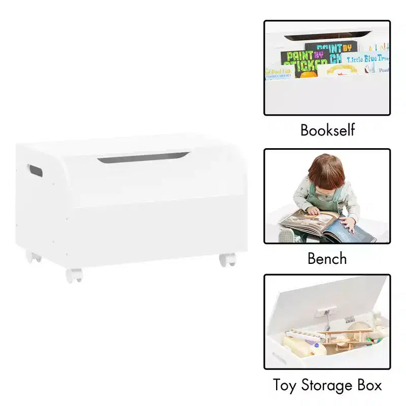 Kids Toy Box Chest Bench With Front Bookshelf Flip-Top Lid Safety Hinge Wooden Toy Storage Organizer