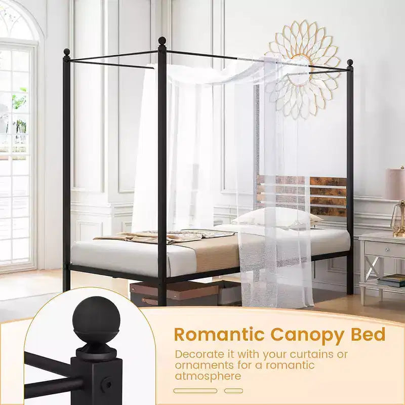 Costway Twin/Full/Queen Size 4-Post Canopy Bed Frame Rustproof Metal Noise-free with Foot Pads