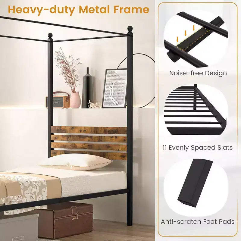 Costway Twin/Full/Queen Size 4-Post Canopy Bed Frame Rustproof Metal Noise-free with Foot Pads