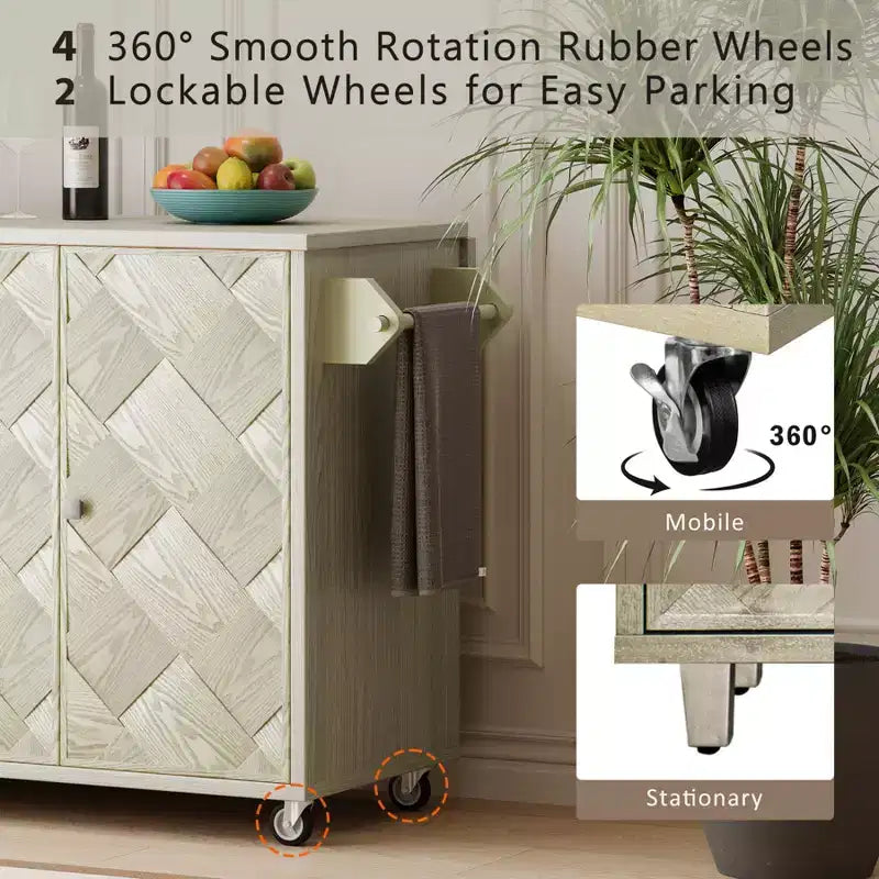 Solid Wood Handwoven Kitchen Island with Drop Leaf, Coastal Kitchen Island on Wheels with Storage Rack, Rolling Kitchen Cart with Ash Veneer