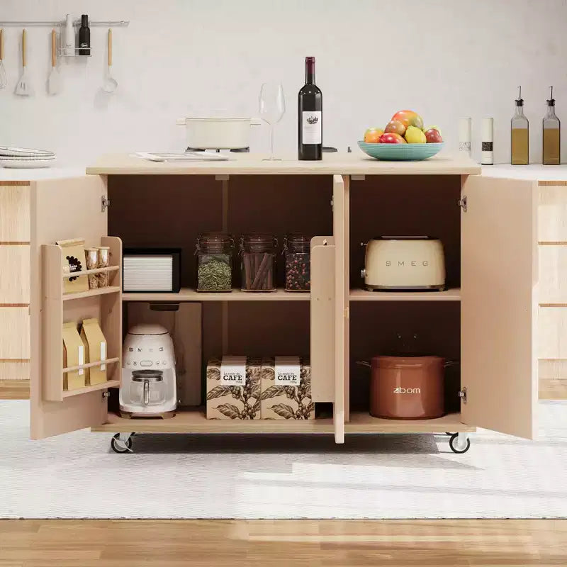 Solid Wood Handwoven Kitchen Island with Drop Leaf, Coastal Kitchen Island on Wheels with Storage Rack, Rolling Kitchen Cart with Ash Veneer