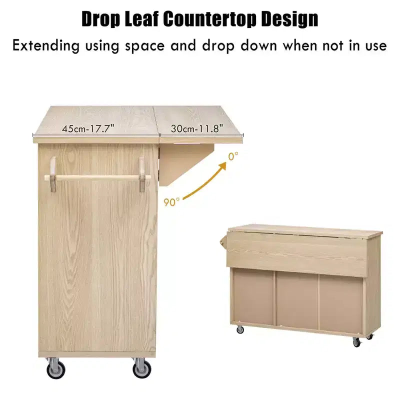 Solid Wood Handwoven Kitchen Island with Drop Leaf, Coastal Kitchen Island on Wheels with Storage Rack, Rolling Kitchen Cart with Ash Veneer