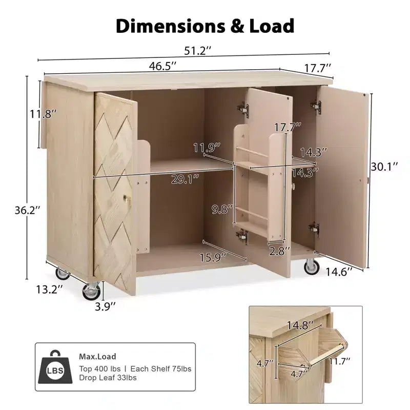 Solid Wood Handwoven Kitchen Island with Drop Leaf, Coastal Kitchen Island on Wheels with Storage Rack, Rolling Kitchen Cart with Ash Veneer