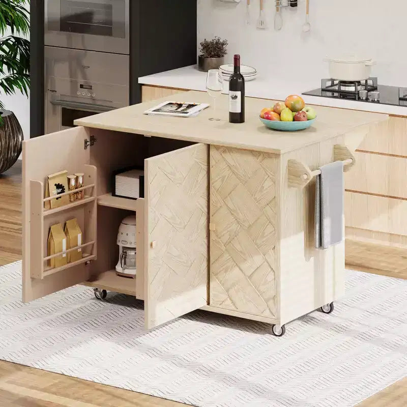 Solid Wood Handwoven Kitchen Island with Drop Leaf, Coastal Kitchen Island on Wheels with Storage Rack, Rolling Kitchen Cart with Ash Veneer