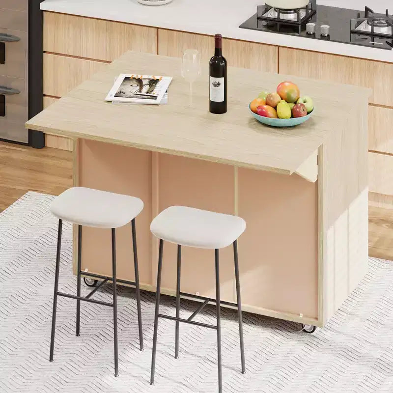 Solid Wood Handwoven Kitchen Island with Drop Leaf, Coastal Kitchen Island on Wheels with Storage Rack, Rolling Kitchen Cart with Ash Veneer