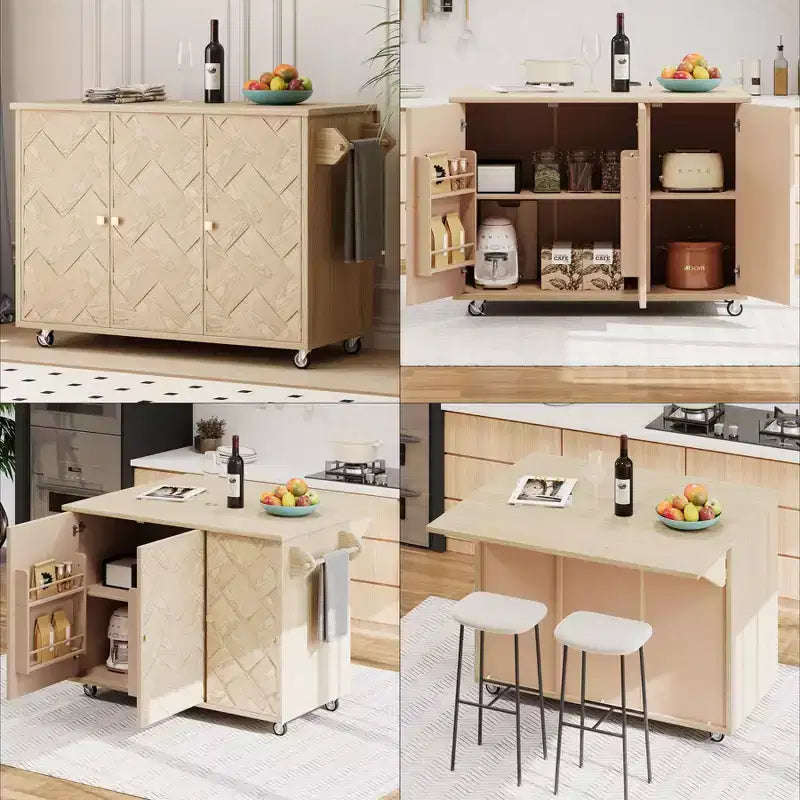 Solid Wood Handwoven Kitchen Island with Drop Leaf, Coastal Kitchen Island on Wheels with Storage Rack, Rolling Kitchen Cart with Ash Veneer