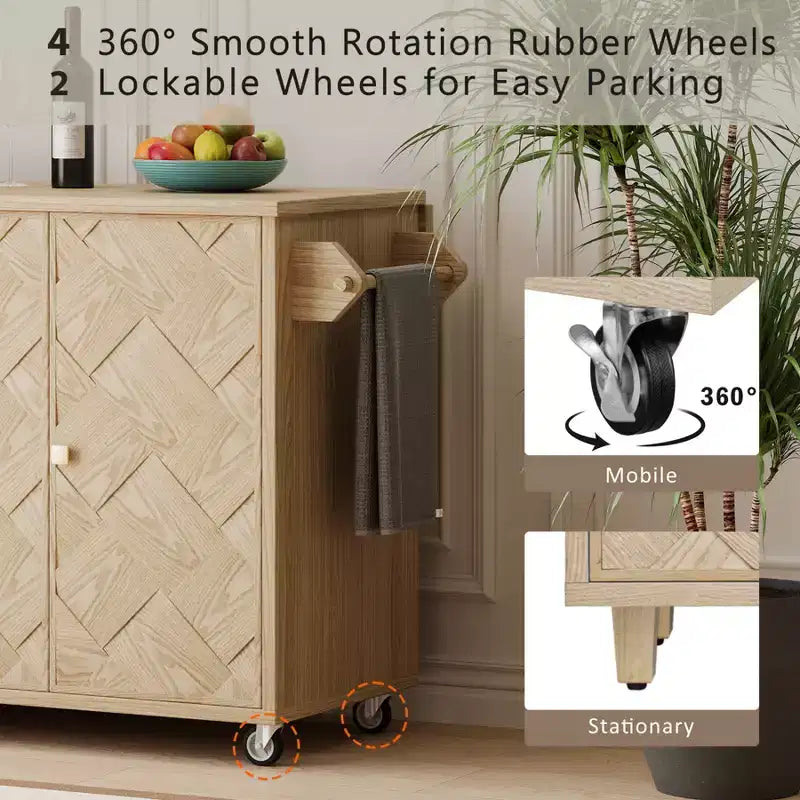 Solid Wood Handwoven Kitchen Island with Drop Leaf, Coastal Kitchen Island on Wheels with Storage Rack, Rolling Kitchen Cart with Ash Veneer