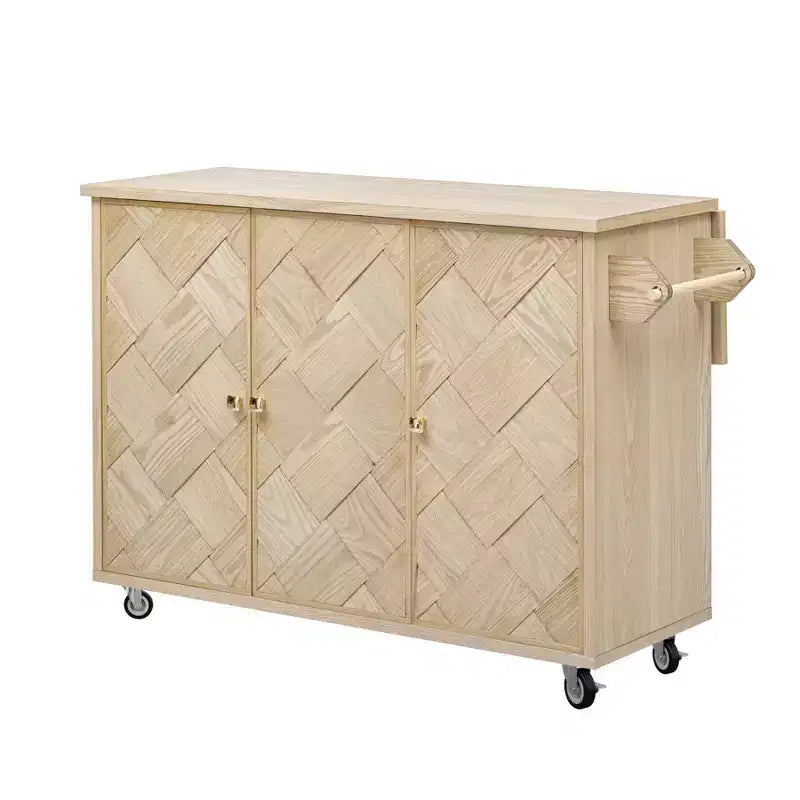 Solid Wood Handwoven Kitchen Island with Drop Leaf, Coastal Kitchen Island on Wheels with Storage Rack, Rolling Kitchen Cart with Ash Veneer