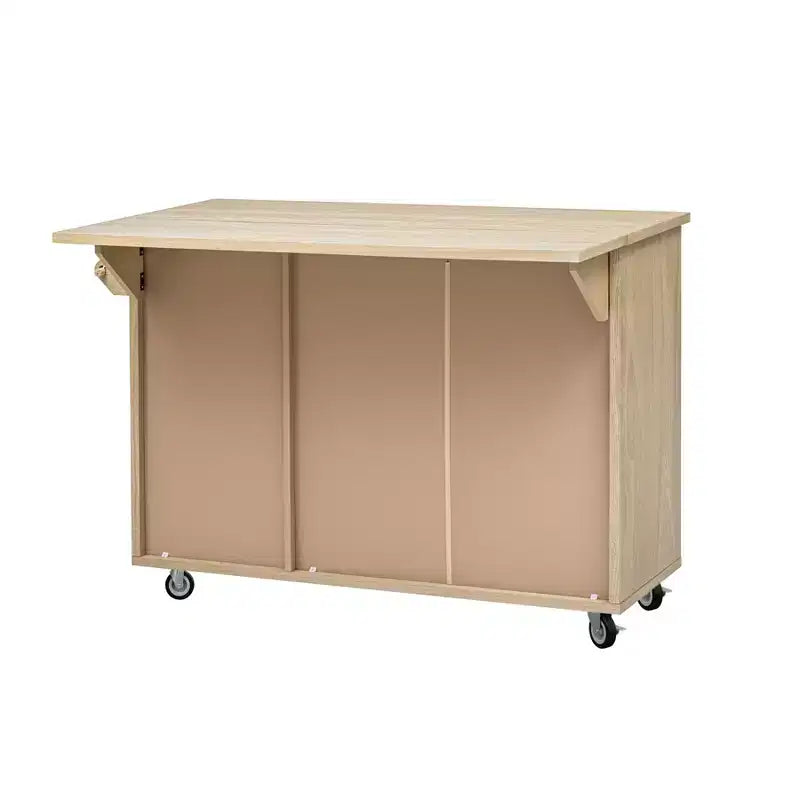 Solid Wood Handwoven Kitchen Island with Drop Leaf, Coastal Kitchen Island on Wheels with Storage Rack, Rolling Kitchen Cart with Ash Veneer