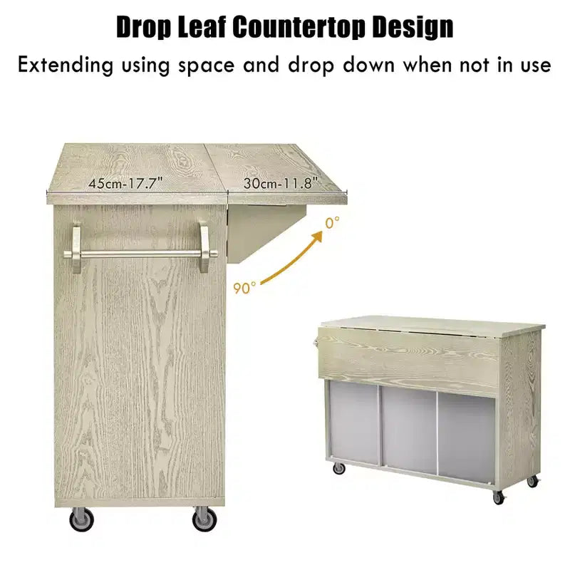 Solid Wood Handwoven Kitchen Island with Drop Leaf, Coastal Kitchen Island on Wheels with Storage Rack, Rolling Kitchen Cart with Ash Veneer