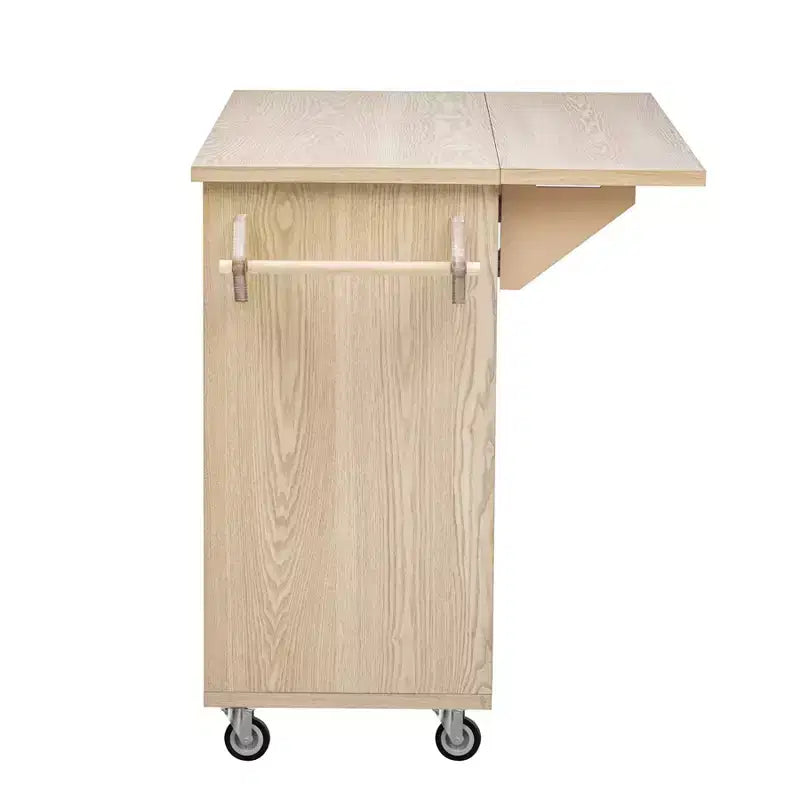 Solid Wood Handwoven Kitchen Island with Drop Leaf, Coastal Kitchen Island on Wheels with Storage Rack, Rolling Kitchen Cart with Ash Veneer