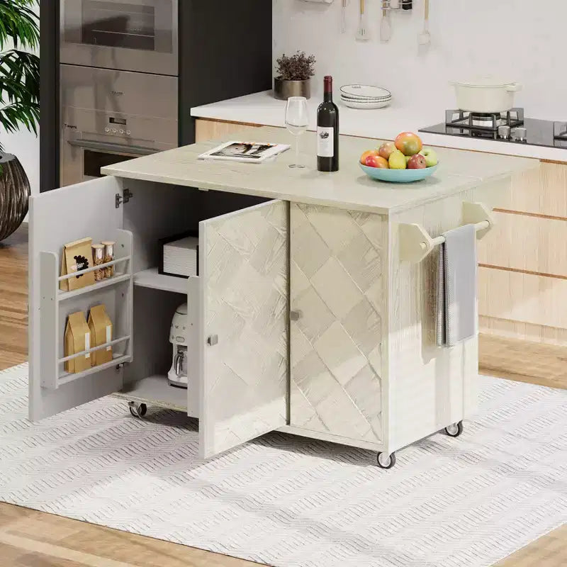 Solid Wood Handwoven Kitchen Island with Drop Leaf, Coastal Kitchen Island on Wheels with Storage Rack, Rolling Kitchen Cart with Ash Veneer