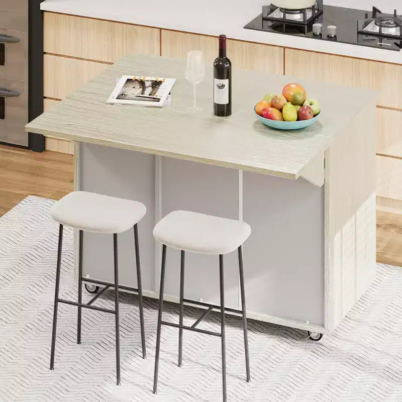 Solid Wood Handwoven Kitchen Island with Drop Leaf, Coastal Kitchen Island on Wheels with Storage Rack, Rolling Kitchen Cart with Ash Veneer
