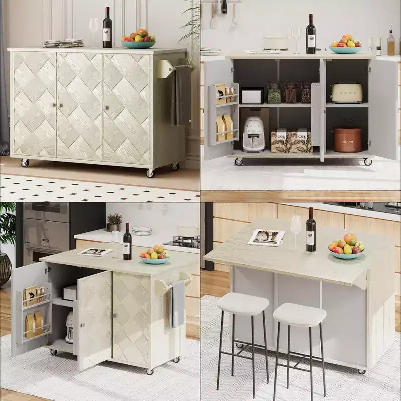 Solid Wood Handwoven Kitchen Island with Drop Leaf, Coastal Kitchen Island on Wheels with Storage Rack, Rolling Kitchen Cart with Ash Veneer