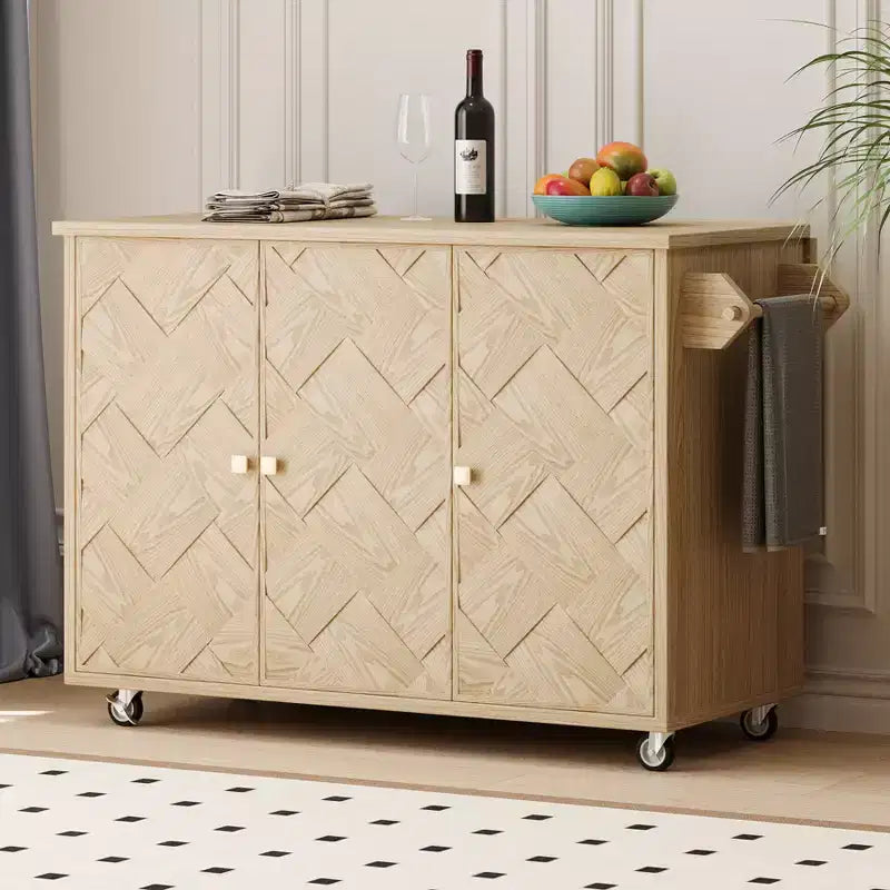 Solid Wood Handwoven Kitchen Island with Drop Leaf, Coastal Kitchen Island on Wheels with Storage Rack, Rolling Kitchen Cart with Ash Veneer