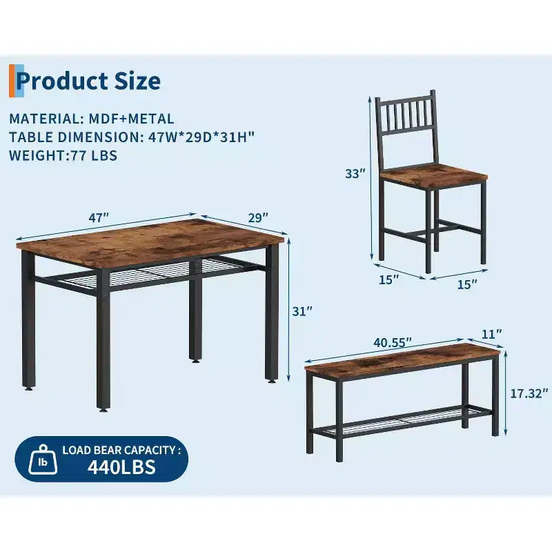 4 Piece Kitchen Table Set for Small SpaceModern Dining Table Set2 Chairs,1 Bench,1 Table,47 Rectangular Dining Room Set with Storage Bench