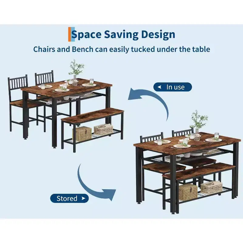 4 Piece Kitchen Table Set for Small SpaceModern Dining Table Set2 Chairs,1 Bench,1 Table,47 Rectangular Dining Room Set with Storage Bench
