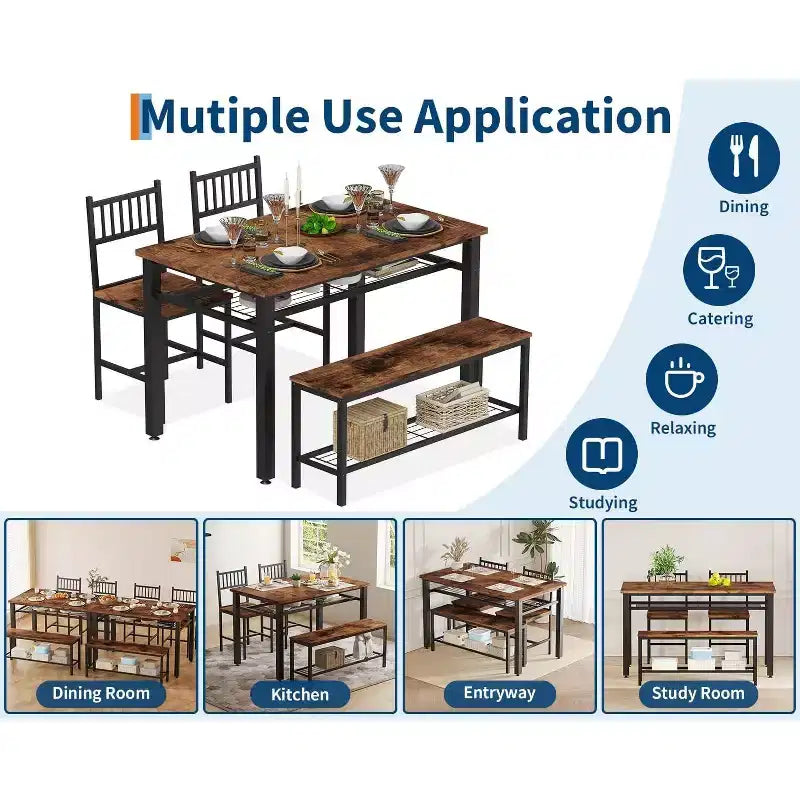 4 Piece Kitchen Table Set for Small SpaceModern Dining Table Set2 Chairs,1 Bench,1 Table,47 Rectangular Dining Room Set with Storage Bench