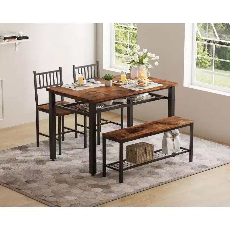 4 Piece Kitchen Table Set for Small SpaceModern Dining Table Set2 Chairs,1 Bench,1 Table,47 Rectangular Dining Room Set with Storage Bench