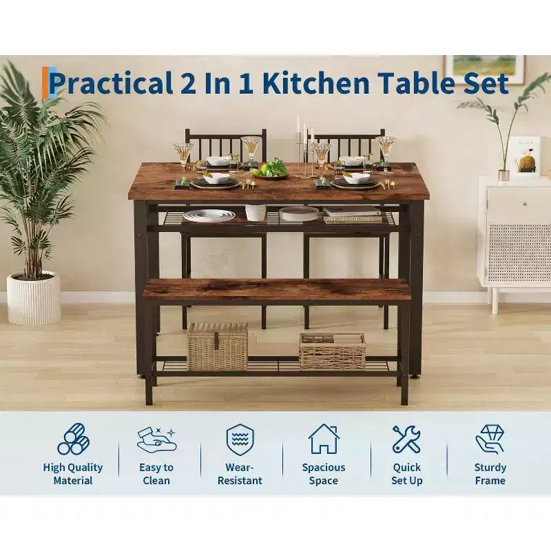 4 Piece Kitchen Table Set for Small SpaceModern Dining Table Set2 Chairs,1 Bench,1 Table,47 Rectangular Dining Room Set with Storage Bench