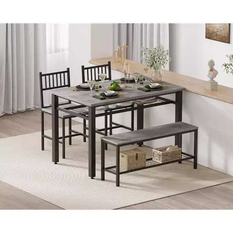 4 Piece Kitchen Table Set for Small SpaceModern Dining Table Set2 Chairs,1 Bench,1 Table,47 Rectangular Dining Room Set with Storage Bench