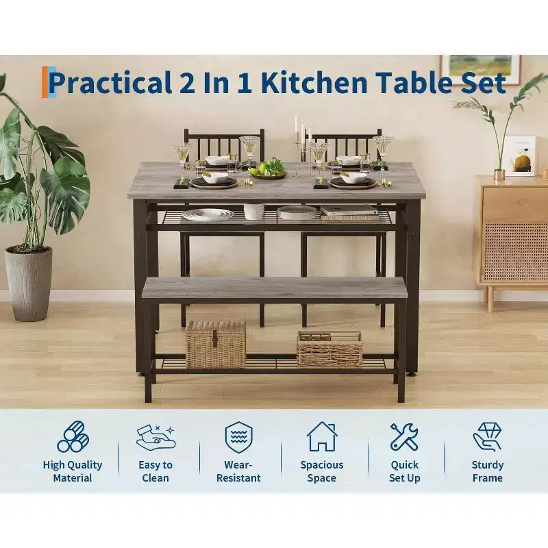 4 Piece Kitchen Table Set for Small SpaceModern Dining Table Set2 Chairs,1 Bench,1 Table,47 Rectangular Dining Room Set with Storage Bench