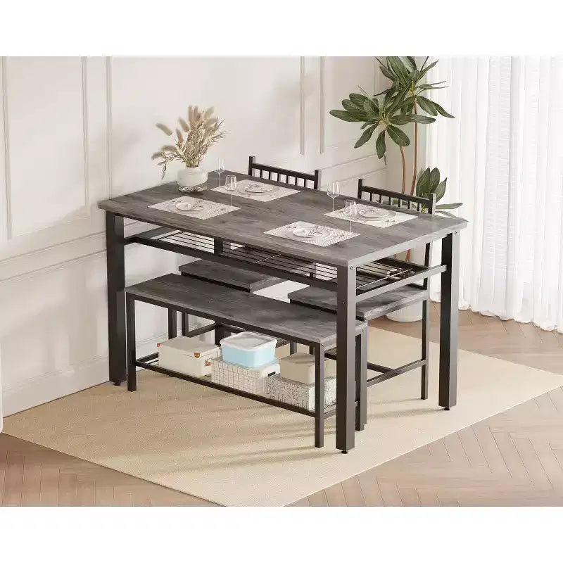4 Piece Kitchen Table Set for Small SpaceModern Dining Table Set2 Chairs,1 Bench,1 Table,47 Rectangular Dining Room Set with Storage Bench